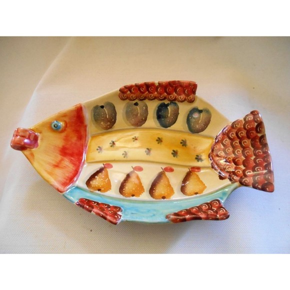 Italica ARS Hand Painted Pottery Fish Shape Serving Bowl Italy Wall Decor 10 1/2 - Picture 2 of 6